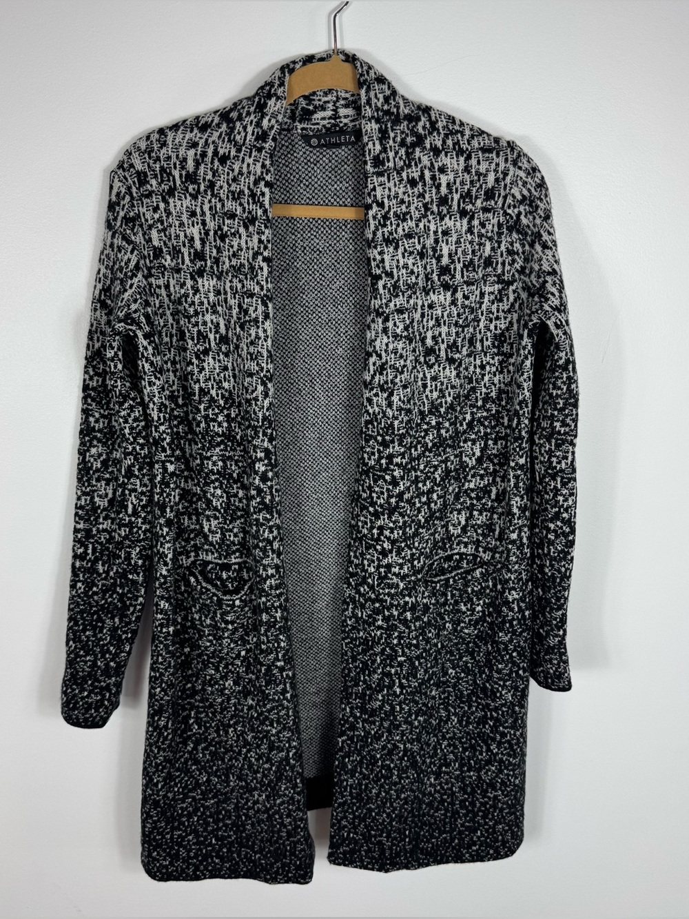 Athleta Wool Cashmere Long Cardigan XS Black White Open Front Sweater Coat